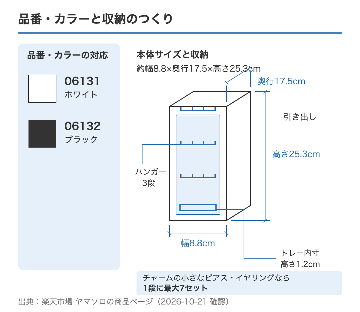 山崎実業towerのネックレス&ピアス収納ケースの品番とカラーの対応と、本体サイズ・ハンガー3段の図